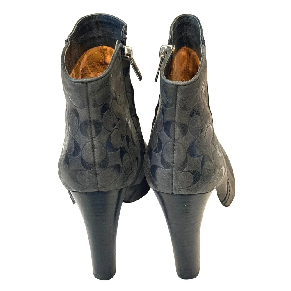 Coach Black Leather Signature Monogram Ankle Boots Side Zip High Heel A4150